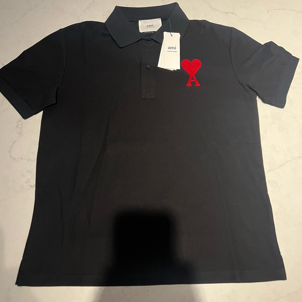 Black and Red AMI Ami de Coeur Logo Embroidered Polo Shirt
Size: S